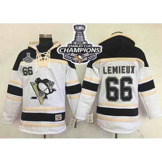 Men Pittsburgh Penguins 66 Mario Lemieux White Sawyer Hooded Sweatshirt 2016 Stanley Cup Champions Stitched NHL Jersey